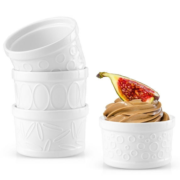 JoyJolt White Embossed Porcelain Ramekins - 8 oz- Set of 4 Crème Brulee Ramekins