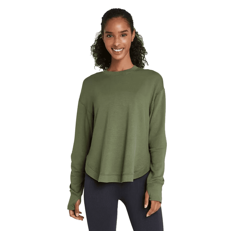 JoyLab Women s Cozy Curved Hem Sweatshirt Olive Green XSmall Walmart