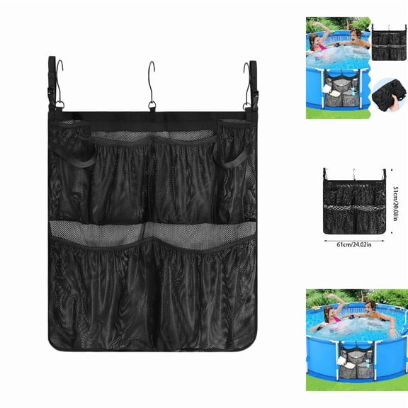 JoyMagic Pool Storage Bag Adjustable Pool Accessories Storage Net With 5 Mesh Pockets Pool Storage For Above Ground Pools Fits Top Up To 5 Cm Kiddie Pools for Adults 3,66 X 1,22 M Pool Set Amp