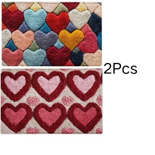 JoyMoreHome 2 Pcs Valentine Day Heart Shape Pattern Doormat, Easy to Clean, Plush Non-Slip Absorbent Mat, for Bathroom, Livingroom, Kitchen, Entrance