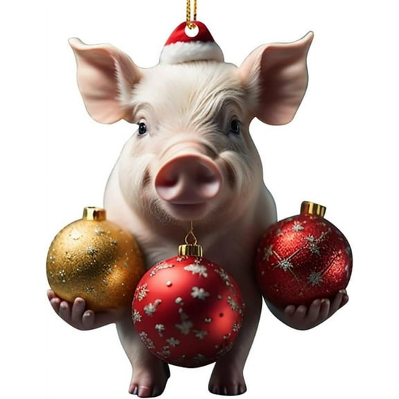 JoyMoreHome 2D Acrylic Animal Christmas Ornaments, Pig with Ball Hanging Ornament for Christmas Trees, Doors & Vehicles Rearview Mirror