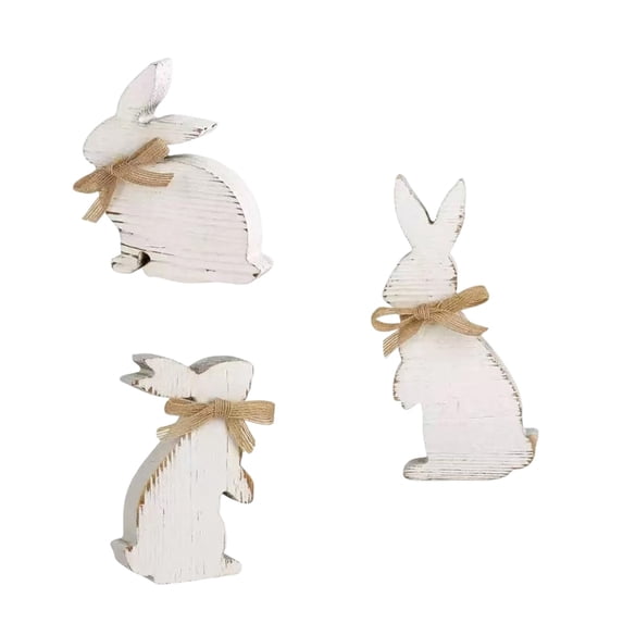 JoyMoreHome 3Pcs Easter Wooden Bunny with Bow Decor, White Rabbit Gift for Friends and Families, for Easter Party, Tabletop, Farmhouse, Livingroom, Office