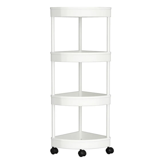 JoyMoreHome 4 Tier Standing Corner with Rolling Wheels, Rustproof Bathroom Standing Rack Large Capacity Plastic Corner Shelf for Bathroom, Kitchen, Livingroom