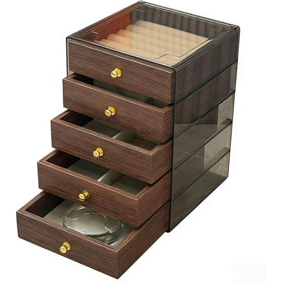 JoyMoreHome 5 Layers Walnut Wooden Jewelry Box, Pull-Out Jewelry Storage Box with Clear Window, for Necklace, Ring, Earring
