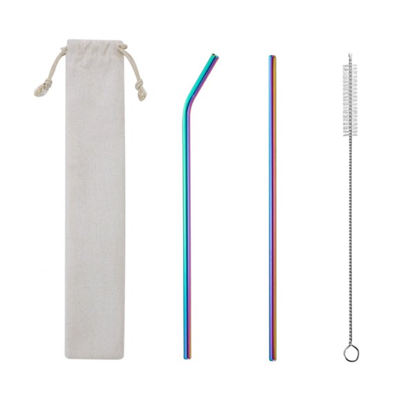 JoyMoreHome 5Pcs Reusable Straws Metal Rainbow Straw Metal Straight & Curved Metallic Reusable Stainless Steel Straws Combinations with Cleaning Brushes and Pouch