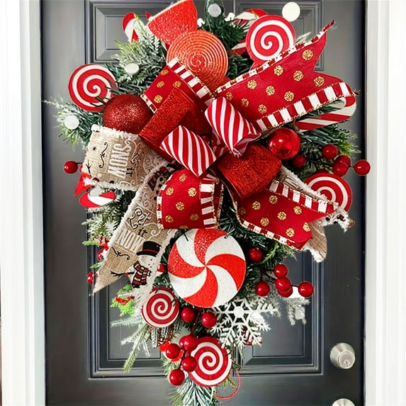 JoyMoreHome Candy Cane Christmas Wreath for Front Door, Red and White Christmas Garlands with Christmas Ball Ornaments for Holiday Wall Front Door Hanging Decor