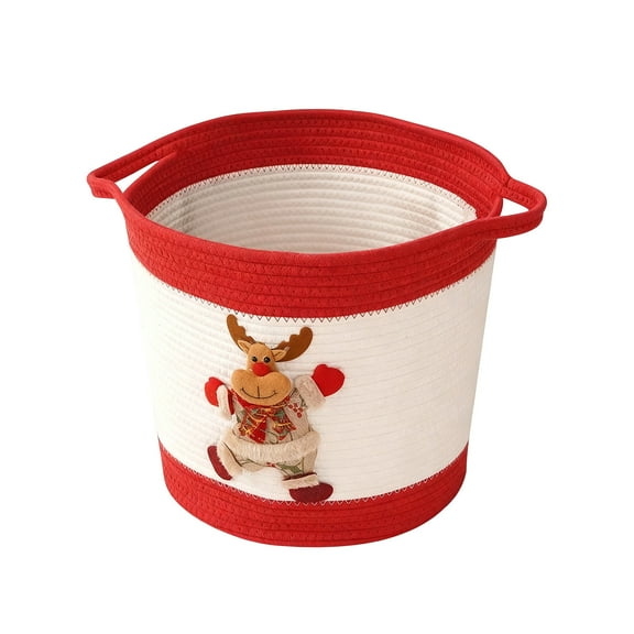 JoyMoreHome Christmas Basket with Santa Claus or Reindeer Doll, Woven Cotton Rope Christmas Storage Basket with Handles, for Christmas Decoration Storage