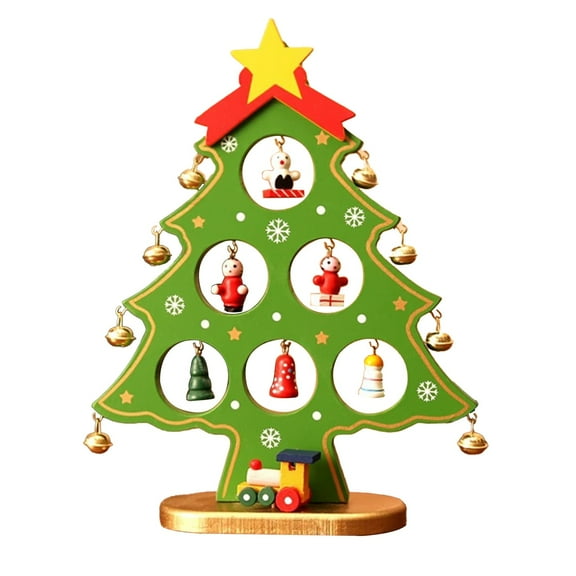 JoyMoreHome Christmas Tabletop Wooden Christmas Tree with Ornament and Bells, for Party Favors, Classroom Prizes, Xmas Gift