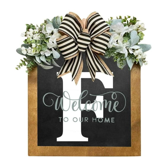 JoyMoreHome 11.8x11.8 Inch Last Name Year Square Front Door Wreath Front Porch Decoration 26 Letter Welcome Sign with Eucalyptus Garland and Bow Wreaths for Front Door Garland