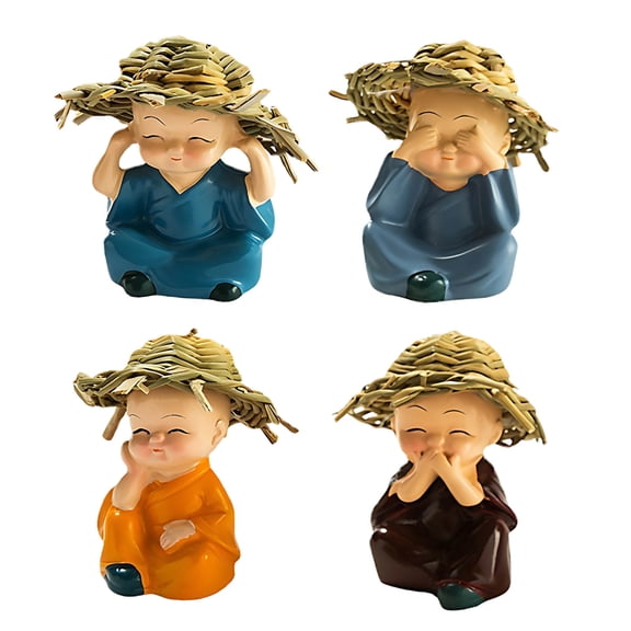 JoyMoreHome 4PCS Cute Small Resin Monk Statues Tea Pet Office Desktop Mini Statue Home Garden Flower Pot Decoration Crafts Gifts