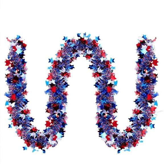 JoyMoreHome 4th of July Patriotic Tinsel Garland Decoration Red White Blue Metallic Chunky Glitter Tinsel for Independence Day Memorial Day Celebration Holiday Decorations