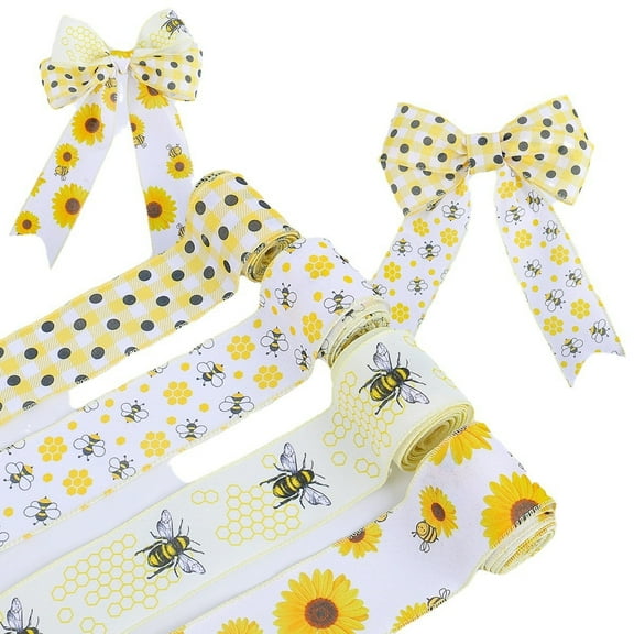 JoyMoreHome Bumble Bee Ribbons Bee Wired Edge Ribbon Honeybee Decorative Ribbons Yellow Craft Ribbons for Wrapping Floral Hanging Ornaments Home Decoration