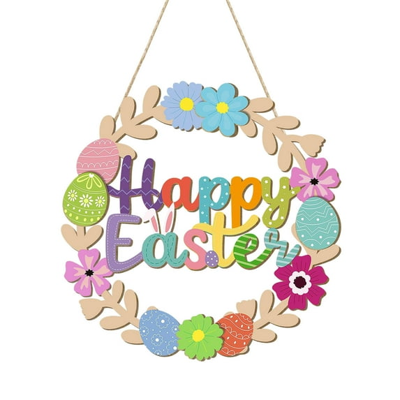 JoyMoreHome Easter Wreath Decorations for Front Door Outdoor, Wooden Easter Door Hanging Decor Flowers Egg Spring Wreaths with Happy Bunny Welcome Sign for Porch Wall Room Farmhouse