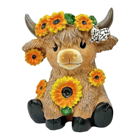 JoyMoreHome Highland Cow Resin Figurine Highland Cow with Flower for Spring Garden Table Shelf Home Decor Calf Herd Gifts