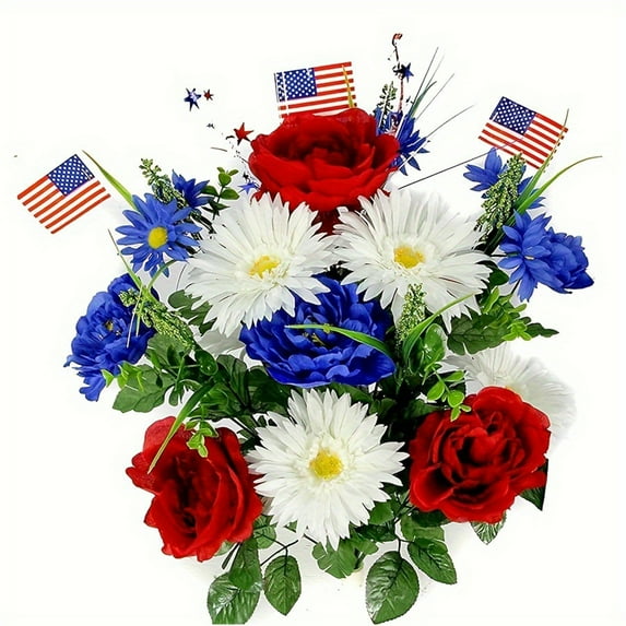 JoyMoreHome Patriotic Memorial Bouquet Artificial Flowers, Thank You Veterans Roses with American Flags, Artificial Full Blooming Flowers for Memorial Day, Red/Blue/White