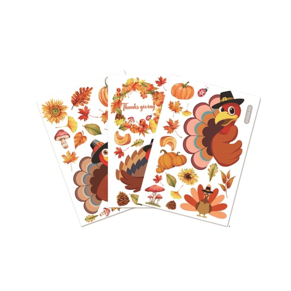 JoyMoreHome Turkey Window Clings, Fall Pumpkin Maple Leaves Stickers Decals Holiday Decorations, Autumn Harvest Season Farmhouse Living Room Home Kitchen Decor