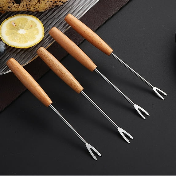 JoyMoreHome Wooden Handle Stainless Steel Two Prong Forks Fruit Cake Appetizer Forks