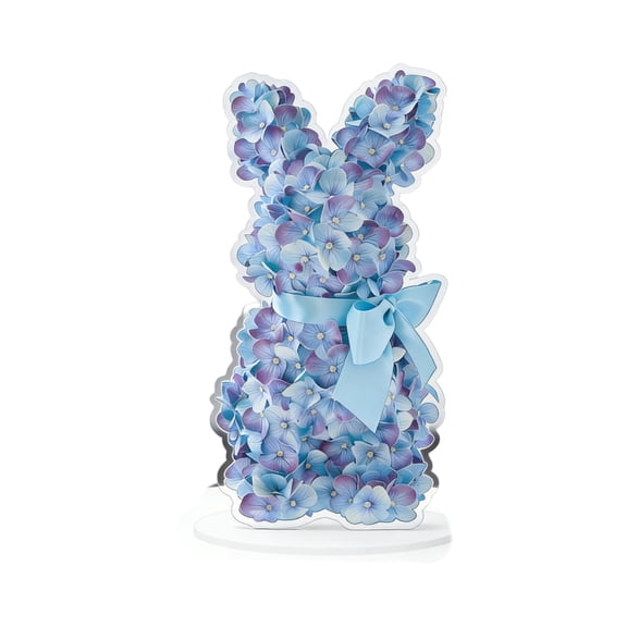 JoyMoreHome Easter 2D Acrylic Flower Bunny Decor, Durable Easter Blue Hydrangea Rabbit with Bow Decor, for Easter Party, Office, Tabletop, Livingroom, Bedroom