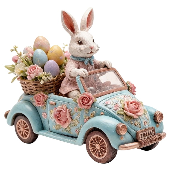 JoyMoreHome Easter 2D Flat Acrylic Bunny Decor, Driving White Rabbit Tabletop Ornament, Festival Present for Garden Home Table Office Dining Room Mantle Party Supplies