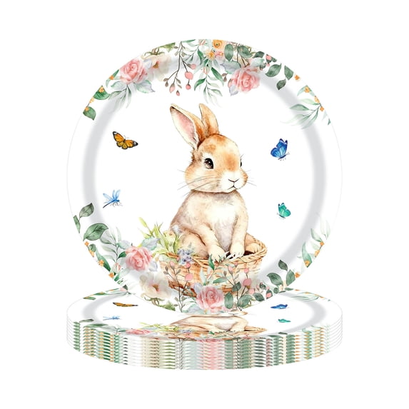 JoyMoreHome Easter Cute Bunny Pattern Decorative Tableware, 20 Pcs 7 Inch Disposable Paper Plates, for Easter Party, Home Gathering, Birthday Party, Kitchen, Diningroom