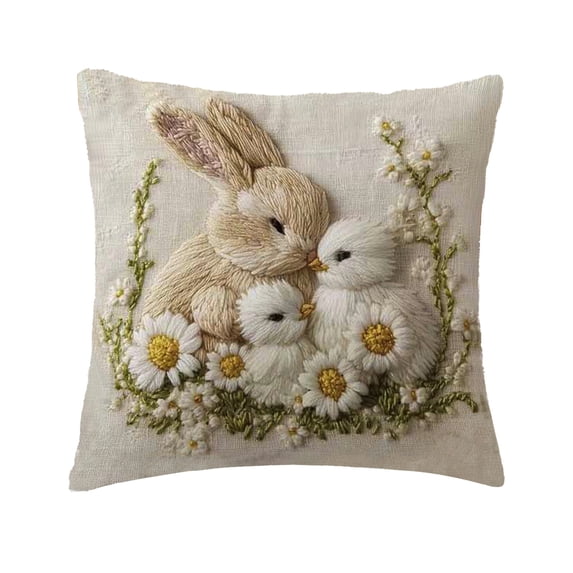 JoyMoreHome Easter Imitation Embroidery Cute Bunny Printed Throw Pillow Cover, 17.7x17.7 Inch Soft Comfortable Decorative Pillowcase, for Sofa, Livingroom, Bed