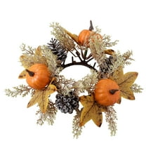 JoyMoreHome Fall Candle Rings Wreaths, Candlestick Decorative Rattan Garland with Maple Leaf Berries Pumpkin, for Thanksgiving Halloween Party Table Centerpieces Decor