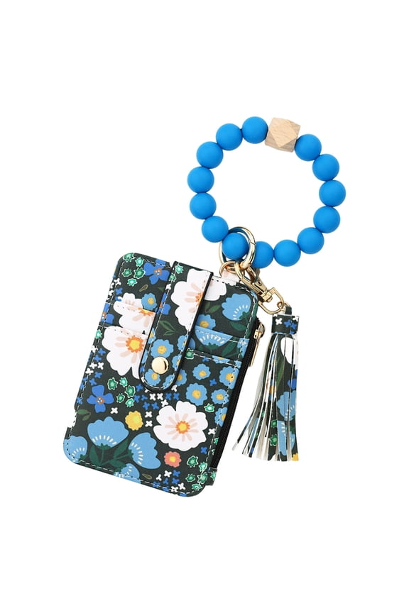 Flower Keychain Wristlet Wallets, Cute Beaded Credit Card Holder Key Ring Bracelet Wallet