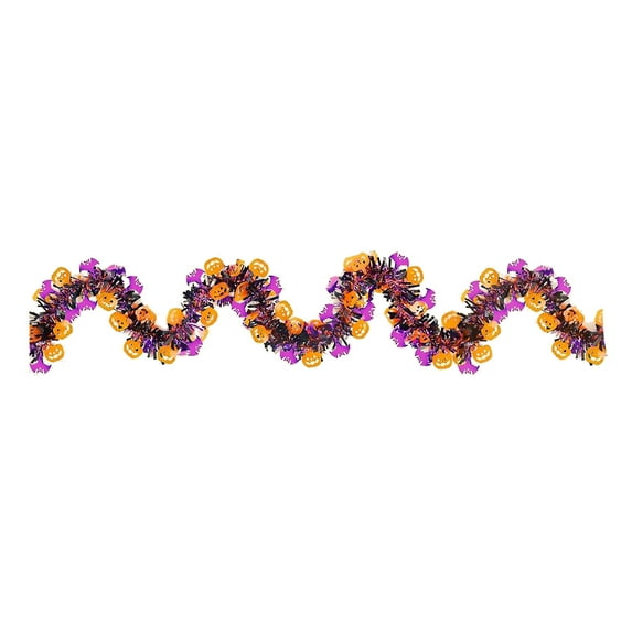 JoyMoreHome Halloween Party Decor 6.56 FT Halloween Metallic Streamers Garland with Orange Pumpkin Purple Bat Ornaments, for Home Party Fireplace