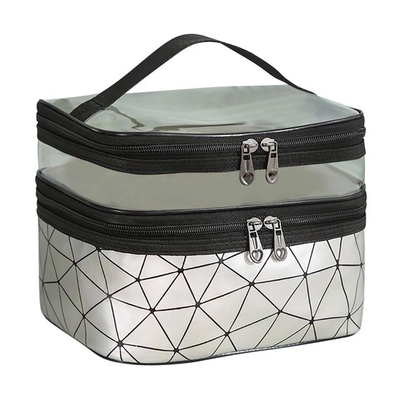 JoyMoreHome Large Double Layer PU Leather Makeup Pouch with Handle, Divider; Waterproof; Gift for Women