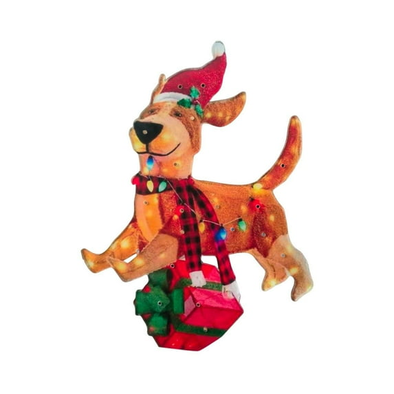 JoyMoreHome Lighted Christmas Decorations for Indoor Outdoor, Dog with Xmas Hat and String Lights, Christmas Dog Decoration for Yard Garden