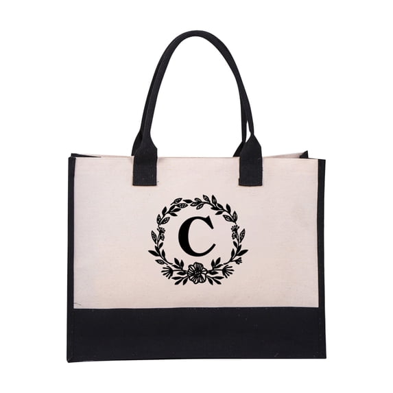 JoyMoreHome Personalized Initial Jute/Canvas Beach Bag, Monogrammed Gift Tote Bag for Women