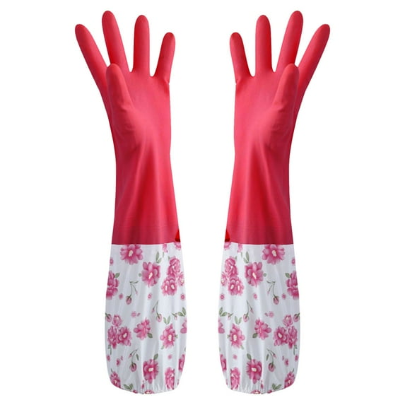 JoyMoreHome Rubber Cleaning Gloves, Household Kitchen Dishwashing Gloves with Cotton Flocked Liner, Long Cuff, Reusable, Non-Slip