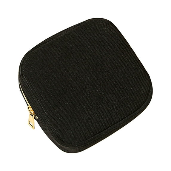 SLYNSHome Corduroy Sanitary Napkin Storage Bag,Small Travel Organizer Portable Makeup Pouch Wide Opening Spacious Design - Black