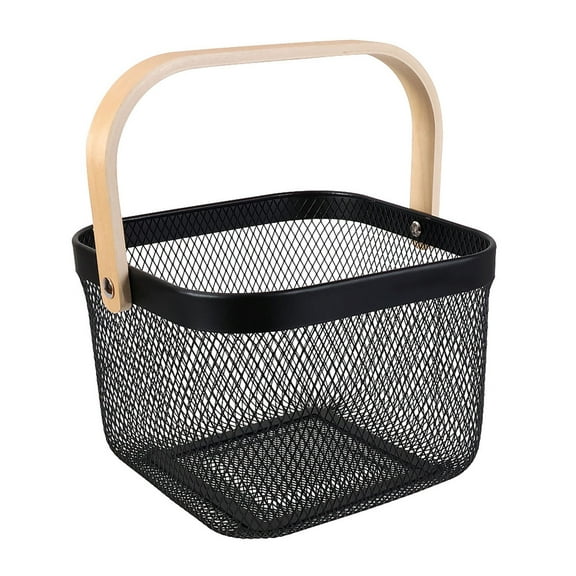 JoyMoreHome Square Metal Wire Woven Fruit Storage Basket with Wooden Handle, Large Black Mesh Fruit Stand, Multi-function Hanging Kitchen Baskets
