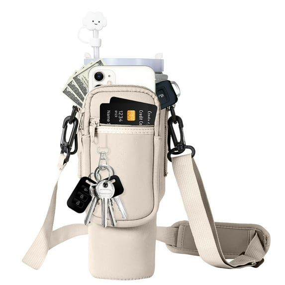 JoyMoreHome Water Bottle Carrier Bag with Phone Pocket, Portable Insulated Cup Bag with Adjustable Strap, for Hiking, Travel