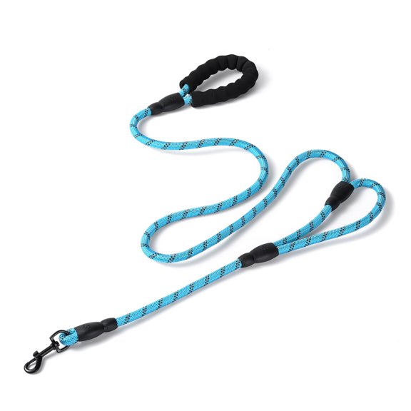 JoyPetto Heavy Duty Dual Handle Dog Leash: 6ft Reflective Padded Rope with Traffic Handle & Poop Bag Ring for Medium & Large Dogs,  Light Blue