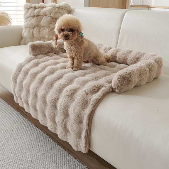 JoyPetto Plush Pet Couch Bed with Neck Bolster, Sofa Protector Cushion for Dogs & Cats, 29.5 x 29.5 in,Brown
