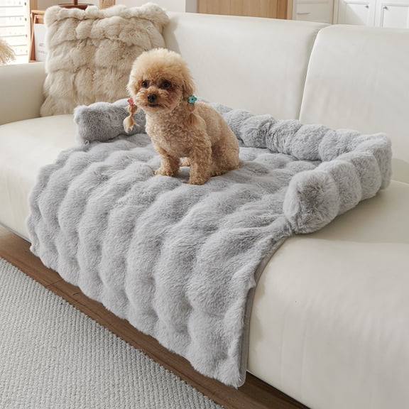 JoyPetto Plush Pet Couch Bed with Neck Bolster, Sofa Protector Cushion for Dogs & Cats, 29.5 x 29.5 in,Gray