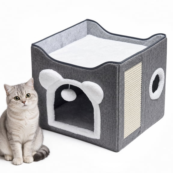JoyPetto Dark Gray Foldable Cat Cave Bed for Indoor Cats, 15.5x15.5x15.5 in with Reversible Cushion, Scratch Pad & Hanging Fluffy Ball
