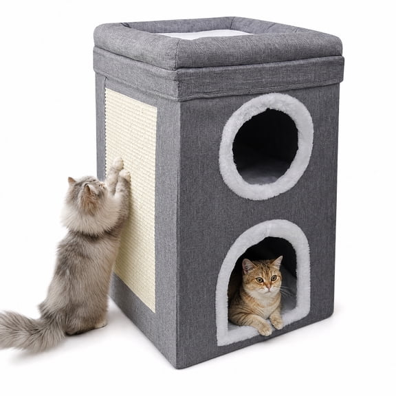 JoyPetto Foldable 2Story Cat Tower, Scratching Surface Condo Shelter for Kittens and Adult Cats, Gray
