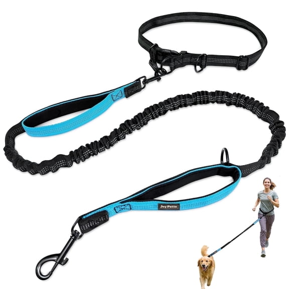 JoyPetto Hands-Free Dog Leash Waist Belt for Small/Medium Dogs - 28"-47" Adjustable, 2 Handle, Bungee Dog Leash with Reflective - Blue