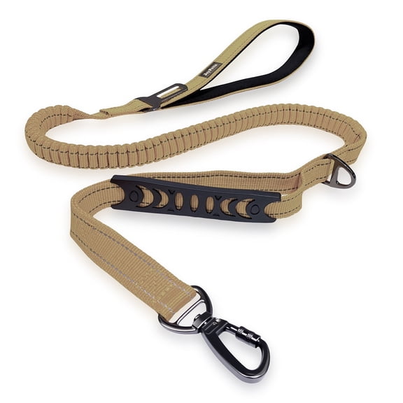 JoyPetto No-Pull Tactical Heavy Duty Bungee Dog Leash for Medium & Large Dogs with Dual Handle (4-6 ft) - Shock Absorbing, Traffic & Training Handle, Reflective, Car Seatbelt Clip, 150lb Max, Khaki