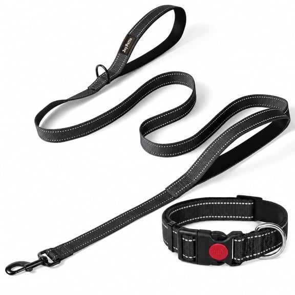 JoyPetto Reflective Dog Collar & 6FT Double Handle Leash Set, 3mm Neoprene Padded Heavy Duty Nylon Walking Gear for Large Dogs, Night Safety, Black