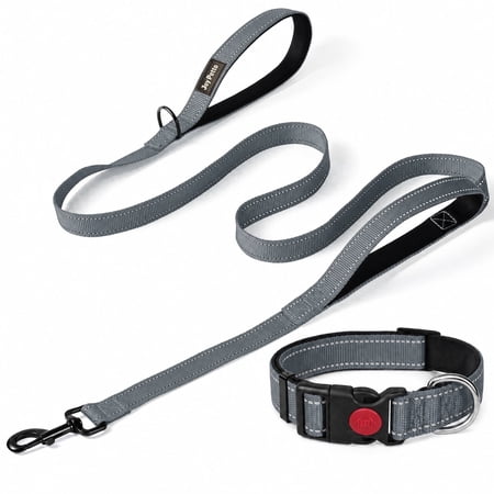 JoyPetto Reflective Dog Collar & 6FT Double Handle Leash Set, 3mm Neoprene Padded Heavy Duty Nylon Walking Gear for Large Dogs, Night Safety, Grey