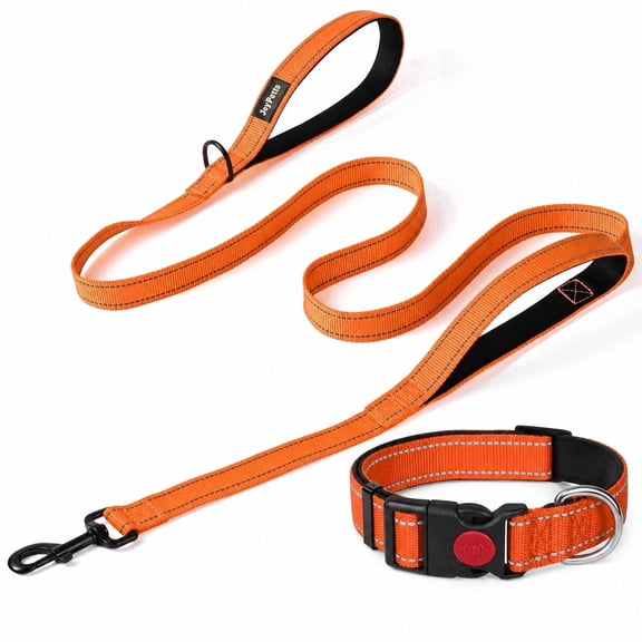 JoyPetto Reflective Dog Collar & 6FT Double Handle Leash Set, 3mm Neoprene Padded Adjustable Collar Heavy Duty Nylon Walking Gear for Medium Large Dogs Night Safety, Orange