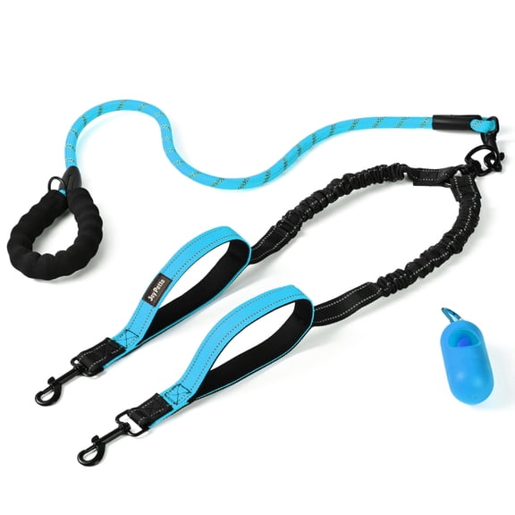 JoyPetto No-Tangle Double Dog Leash for Two Dogs, Heavy Duty Reflective Bungee with 360° Swivel Connector & Padded Handles, Blue