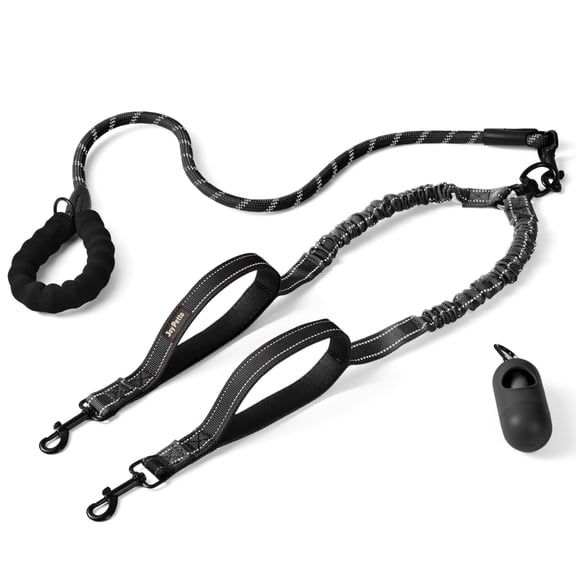JoyPetto No‑Tangle Double Dog Leash for Two Dogs, Heavy‑Duty Reflective Bungee Leash with 360 Swivel Connector and Dual Padded Handles, Black