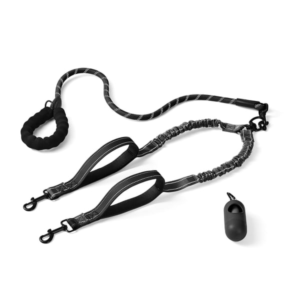 JoyPetto No Tangle Double Dog Leash for 2 Dogs, 360° Swivel Heavy Duty Reflective Bungee Leash with Dual Padded Handles, Black