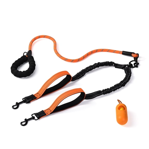 JoyPetto No Tangle Double Dog Leash for 2 Dogs, 360° Swivel Heavy Duty Reflective Bungee Leash with Dual Padded Handles, Orange