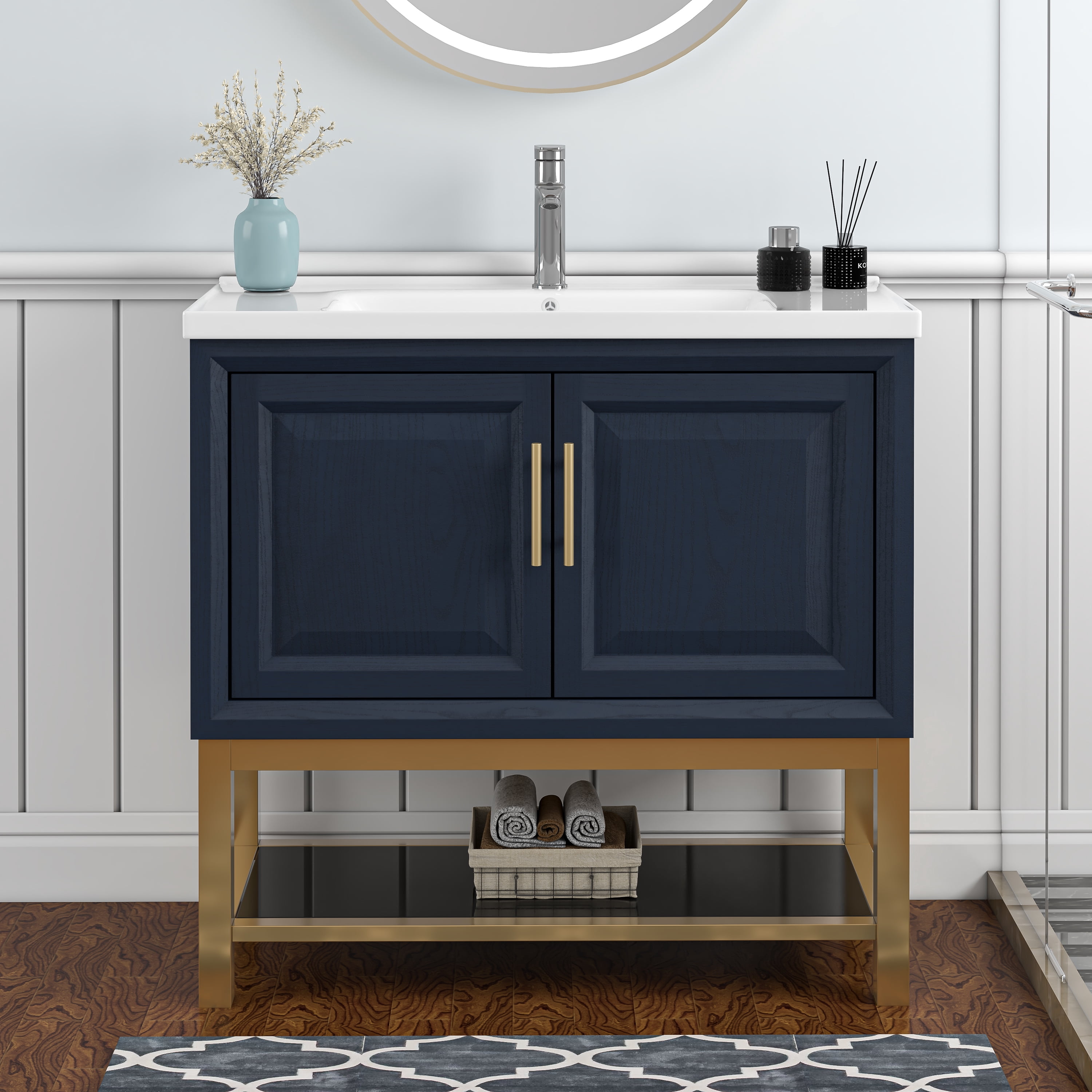 JoyRiver 36" Freestanding Bathroom Vanity with Ceramic Basin, Double-Door Storage & GRC Moisture-Resistant Material – No Faucet, Blue